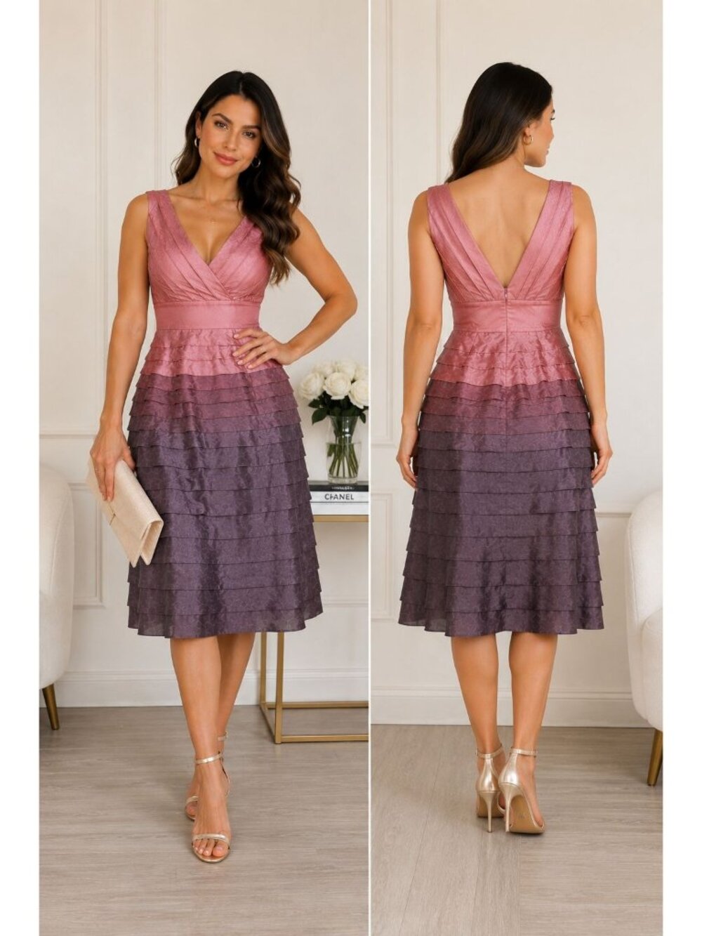 Adrianna Papell Women Midi Dress Size 8 Pink & Plum Sleeveless  V-Neck